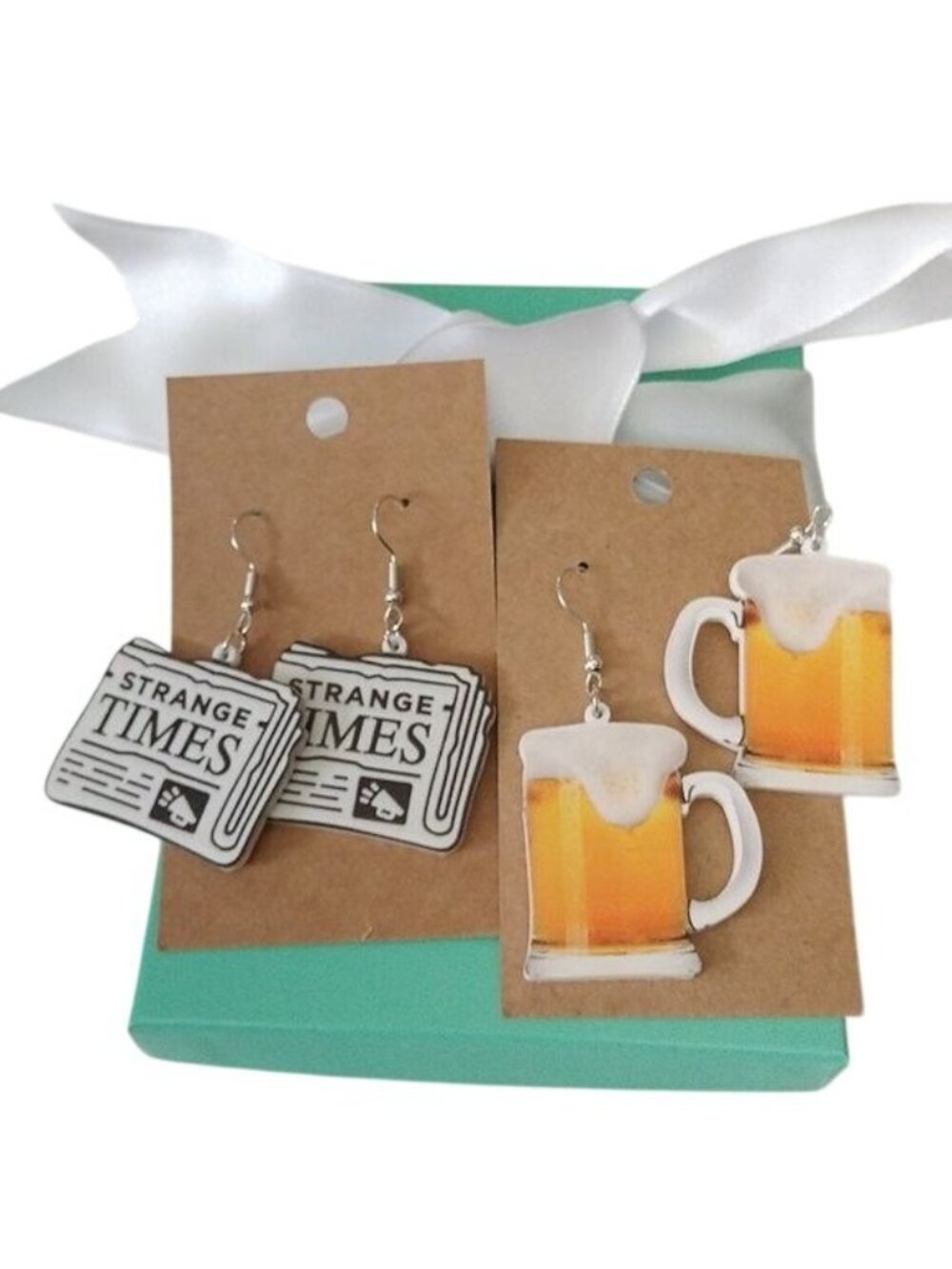 Strange Times Newspaper + Frosty Beer Mug Earrings, set of 2